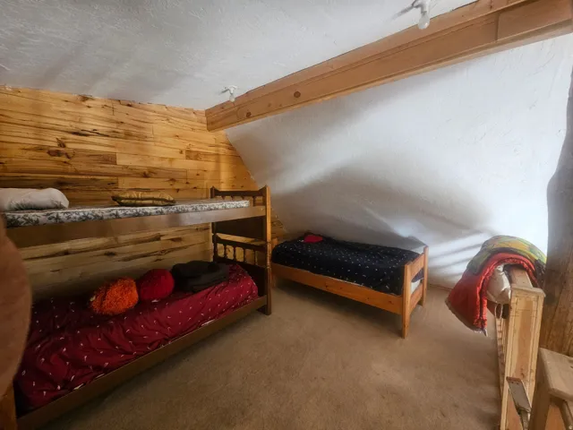 Carpeted room featuring a wood-panel accent wall and exposed ceiling beams