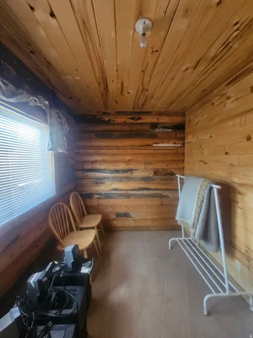 Room featuring natural wood plank walls, a complementary wood plank ceiling, and light-toned carpet flooring
