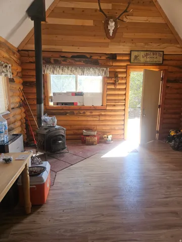 Vaulted wood plank ceiling with exposed beams