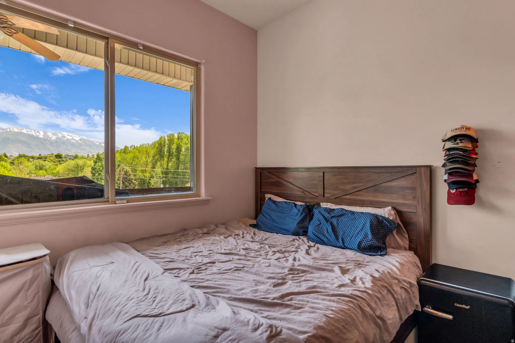 Large window framing a mountain and tree-lined landscape