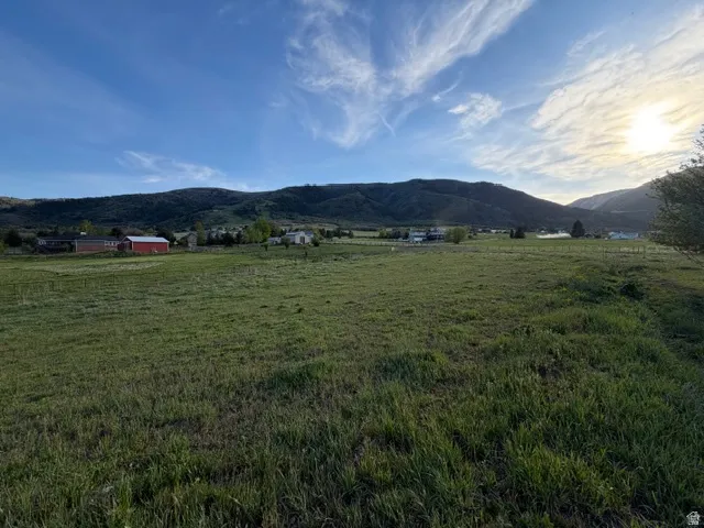 Expansive green pastureland with distant mountain ranges