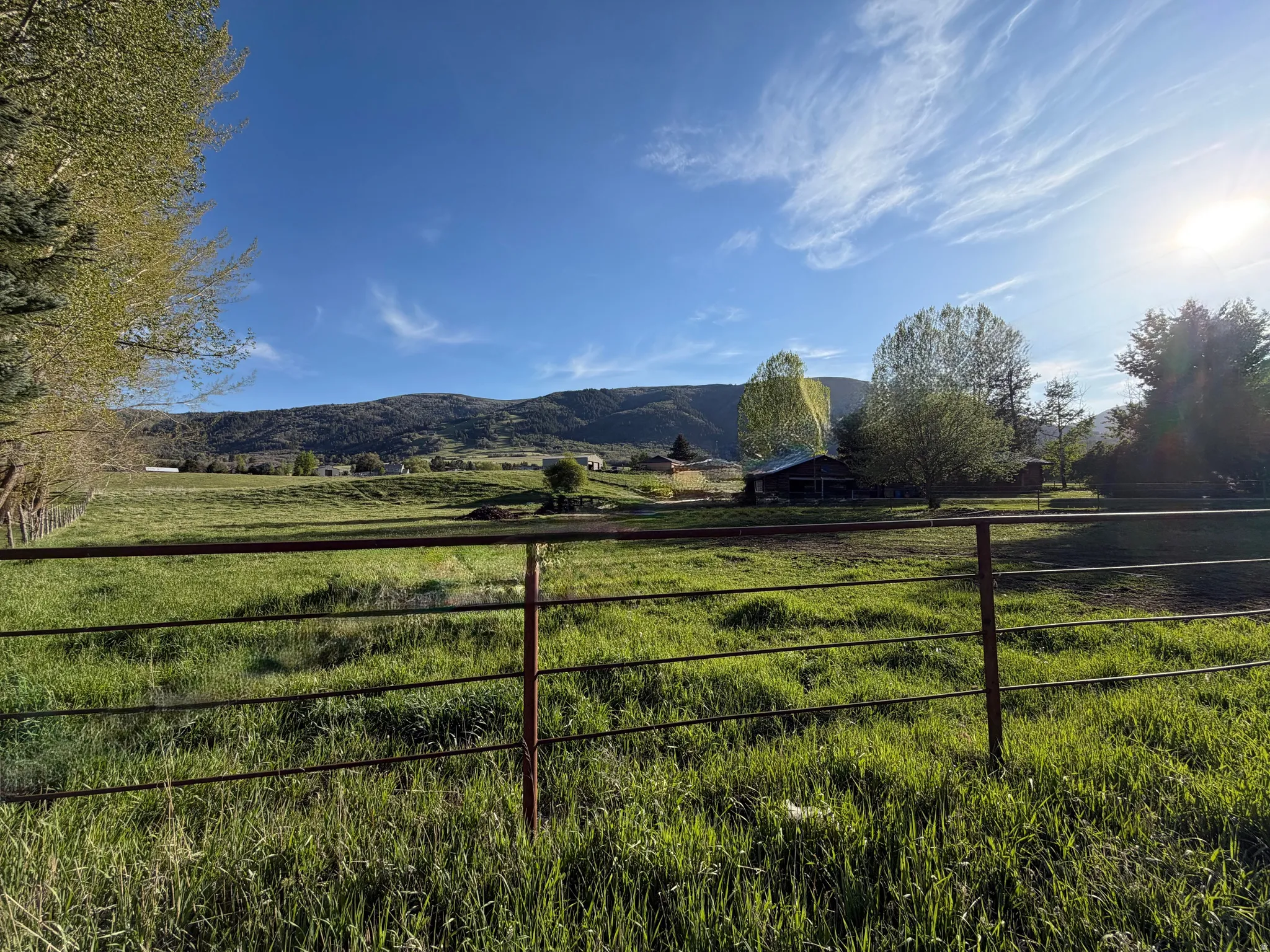 Expansive green pastureland with distant mountain backdrop, featuring a visible fence line, mature trees, and a distant building structure