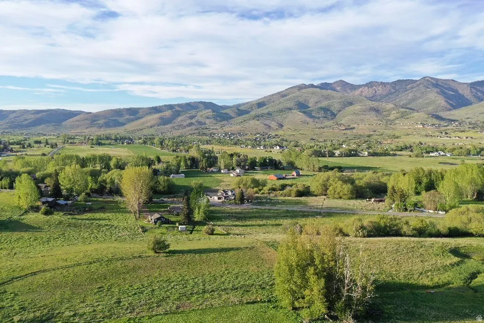 Expansive rural landscape featuring distant mountains, verdant fields, and scattered mature trees