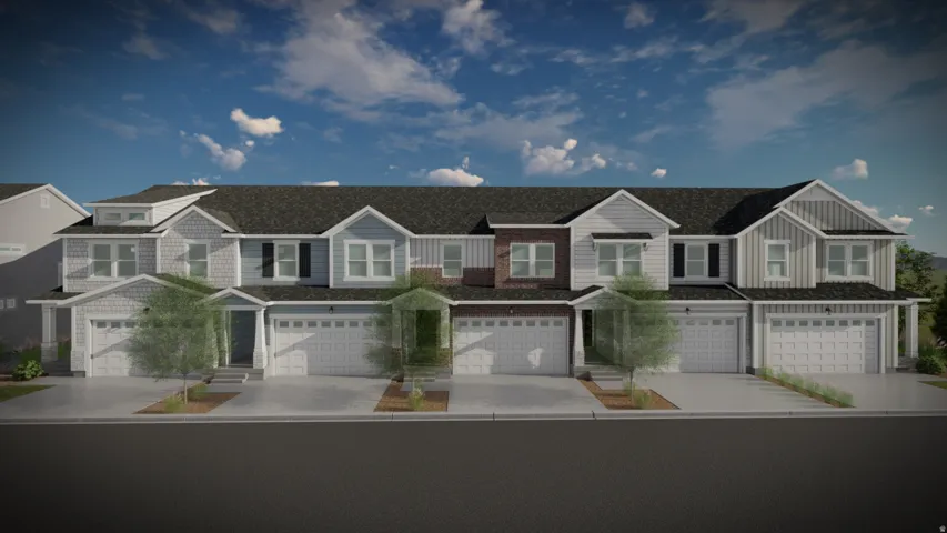 Newly constructed townhome row featuring diverse facades with horizontal and shake siding elements