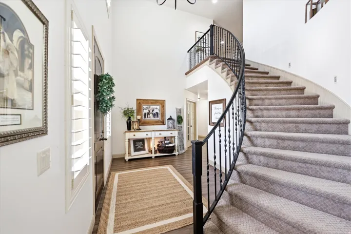 Grand curved staircase featuring dark iron balusters and carpeted treads