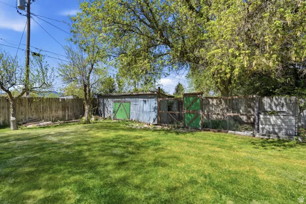 Expansive grassy yard area featuring a detached storage shed with green doors