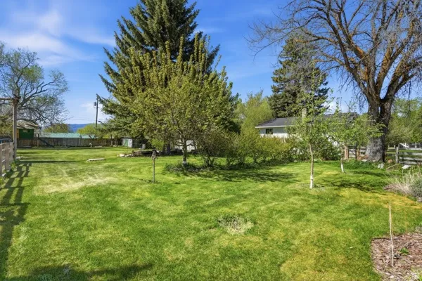 Expansive grassy lawn surrounded by mature trees, featuring a wooden fence and distant mountain scenery