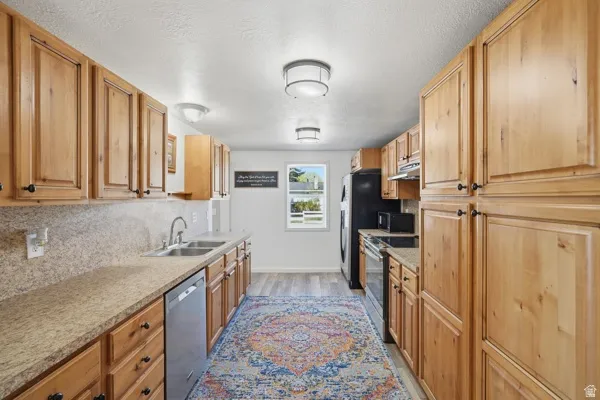 Kitchen featuring extensive wood cabinetry, light-colored countertops, a double basin stainless steel sink, and stainless steel appliances