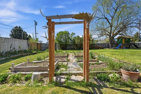 Expansive backyard garden area featuring multiple raised beds, a wooden trellis, and a mature tree
