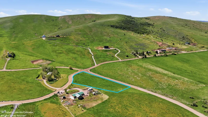 Expansive green acreage with rolling hills, a curved dirt road, and distant structures- boundary lines are for visual only