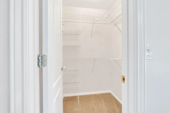 Walk-in closet featuring white wire shelving, white walls, and beige carpeting