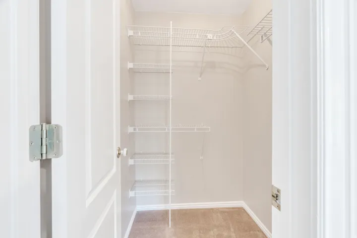 Walk-in closet with wire shelving system, hanging rods, and carpet flooring