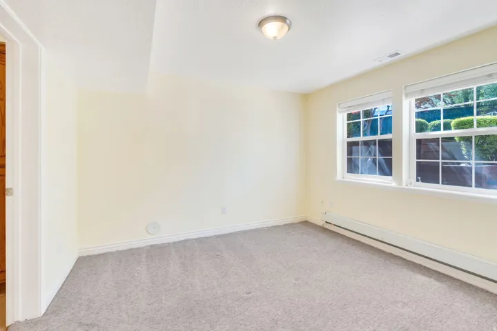 Light-colored walls complement the grey carpeted flooring in this room featuring two windows with white trim, a flush-mount ceiling light, and baseboard heating