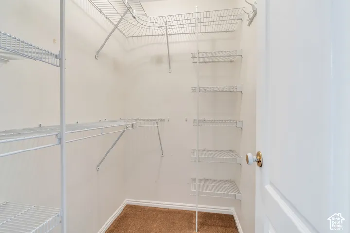 Closet featuring white wire shelving, hanging rods, and light brown carpeting