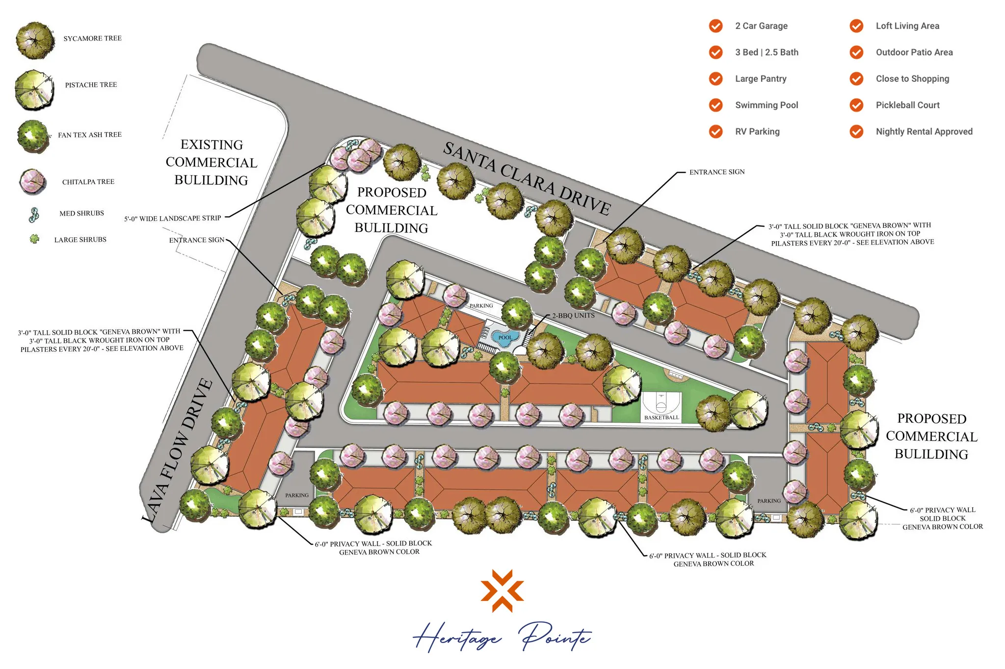 Site Plan. Illustrating property layout, commercial structures, landscape elements, and amenities