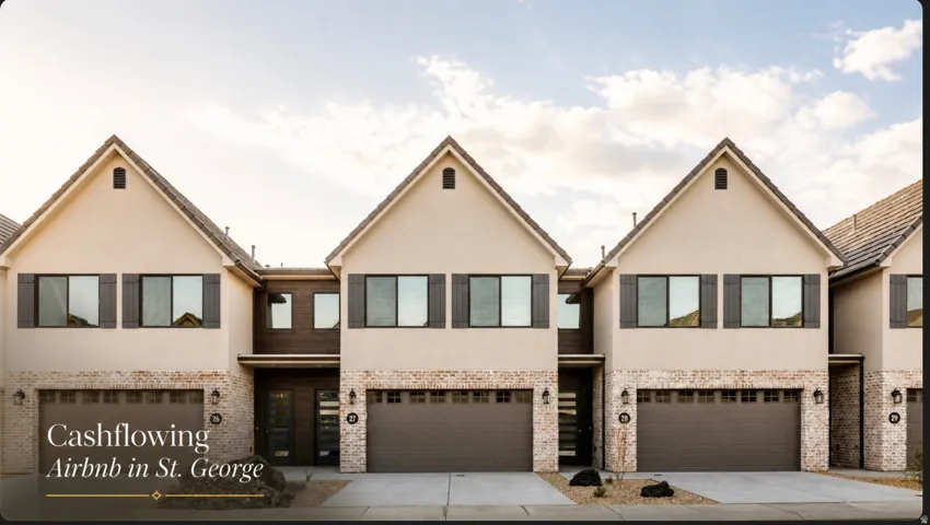 Contemporary townhome-style residences featuring stucco and stone veneer exteriors