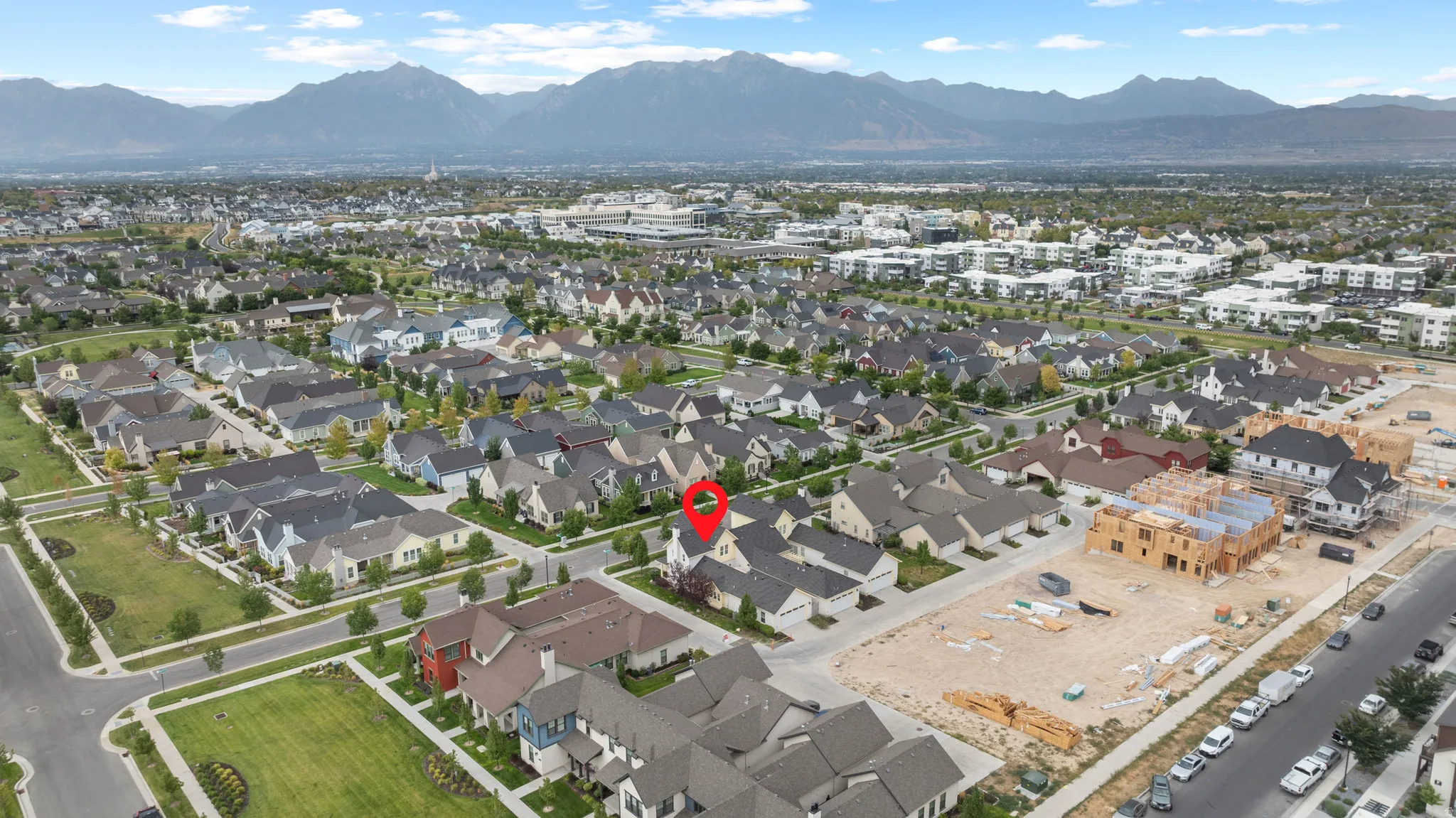 Aerial perspective showcasing a residential community with varied architectural styles