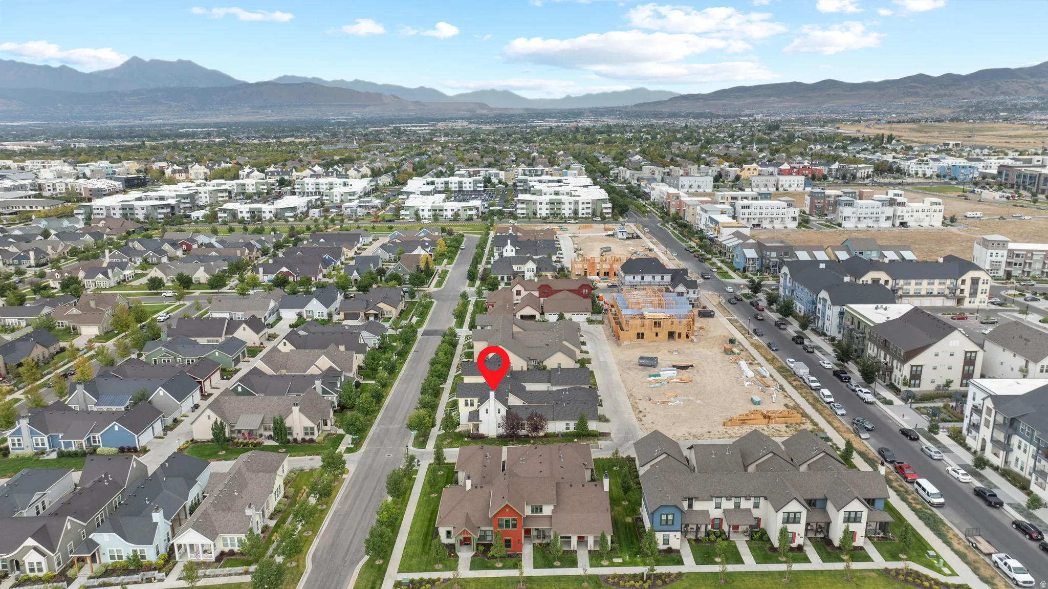 Aerial perspective showcasing a residential community with varied architectural styles