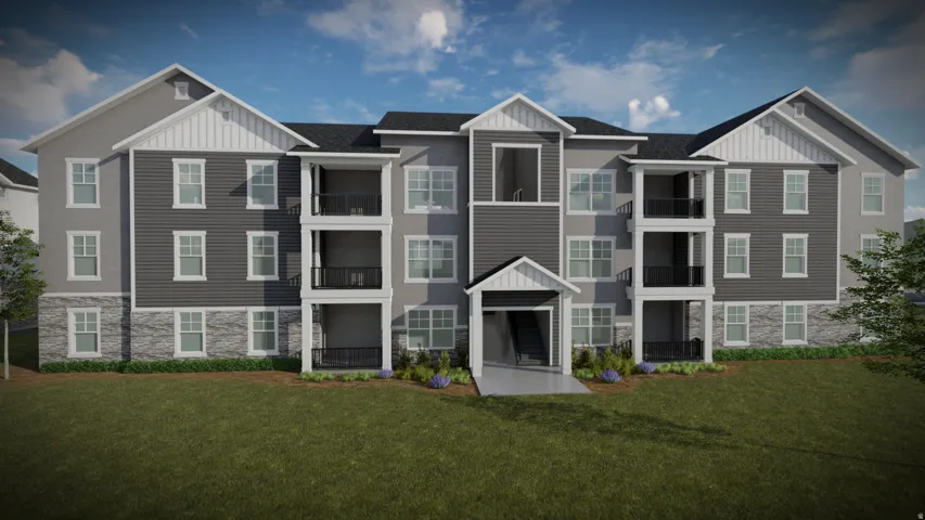 Modern apartment building exterior featuring multiple balconies with black railings, a stone facade base, and prominent white window trim