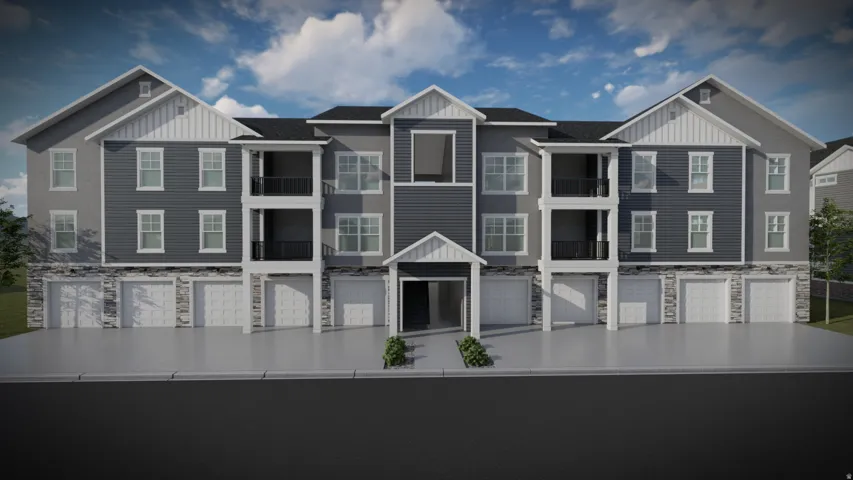 Multi-story building featuring gray horizontal siding and white vertical siding accents