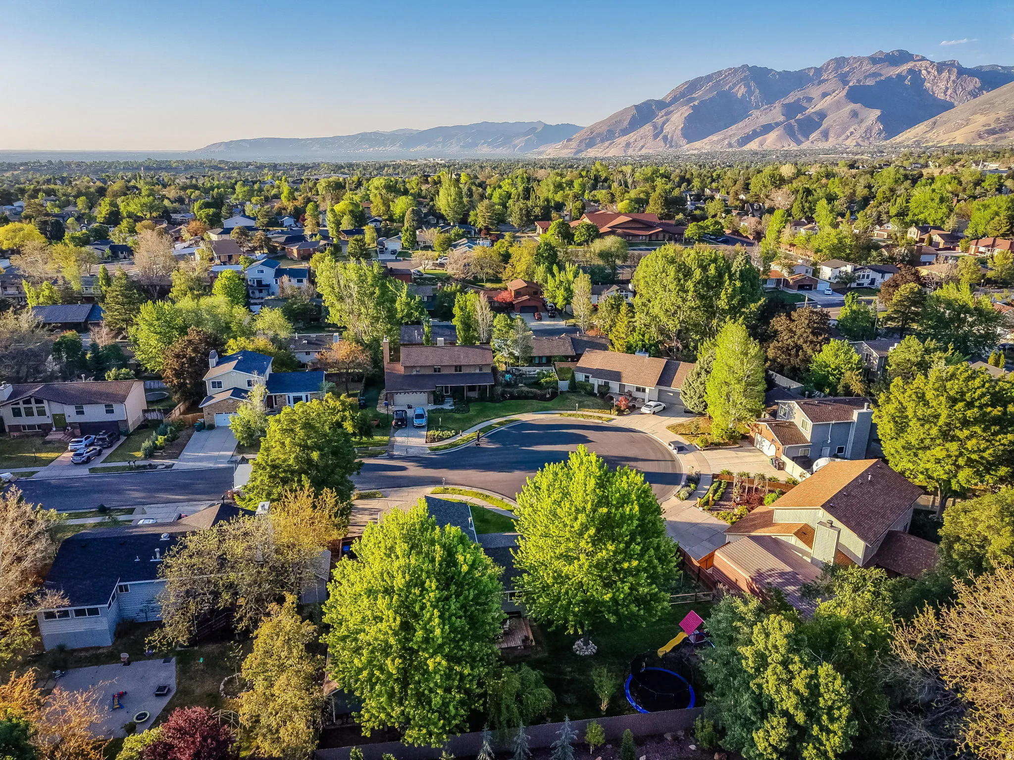 Aerial perspective showcasing a residential area with varied home styles and mature landscaping