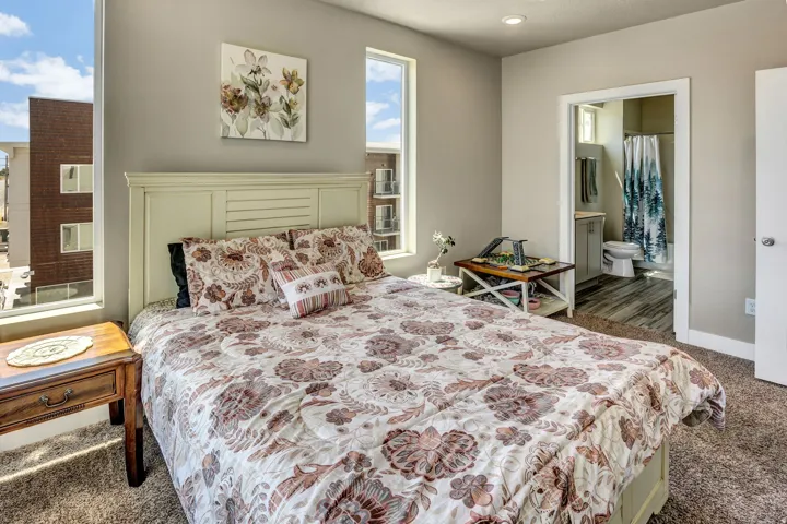 Carpeted bedroom with neutral wall tones and abundant natural light from two tall windows