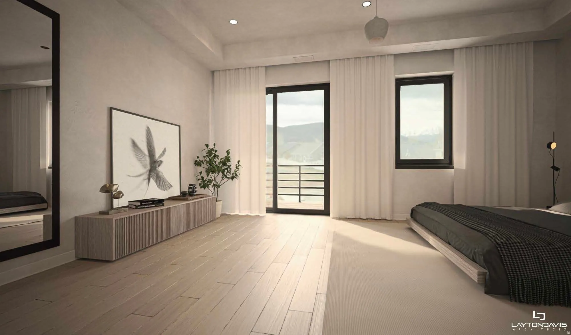 Bedroom featuring a full-light glass door leading to an outdoor space, light wood-finish flooring, recessed lighting, and a contemporary pendant light fixture