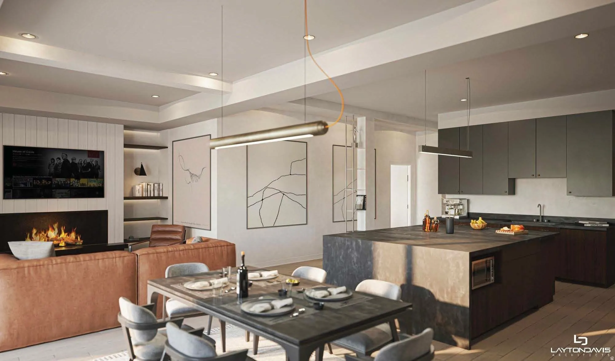 Open-concept living space featuring wood-finish flooring, a contemporary fireplace, built-in shelving, a kitchen island with integrated microwave, and dark flat-panel cabinetry