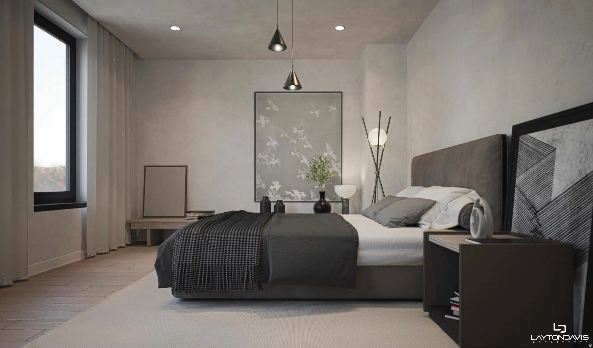 Bedroom featuring textured wall finishes, recessed lighting, and a large window with mountain scenery