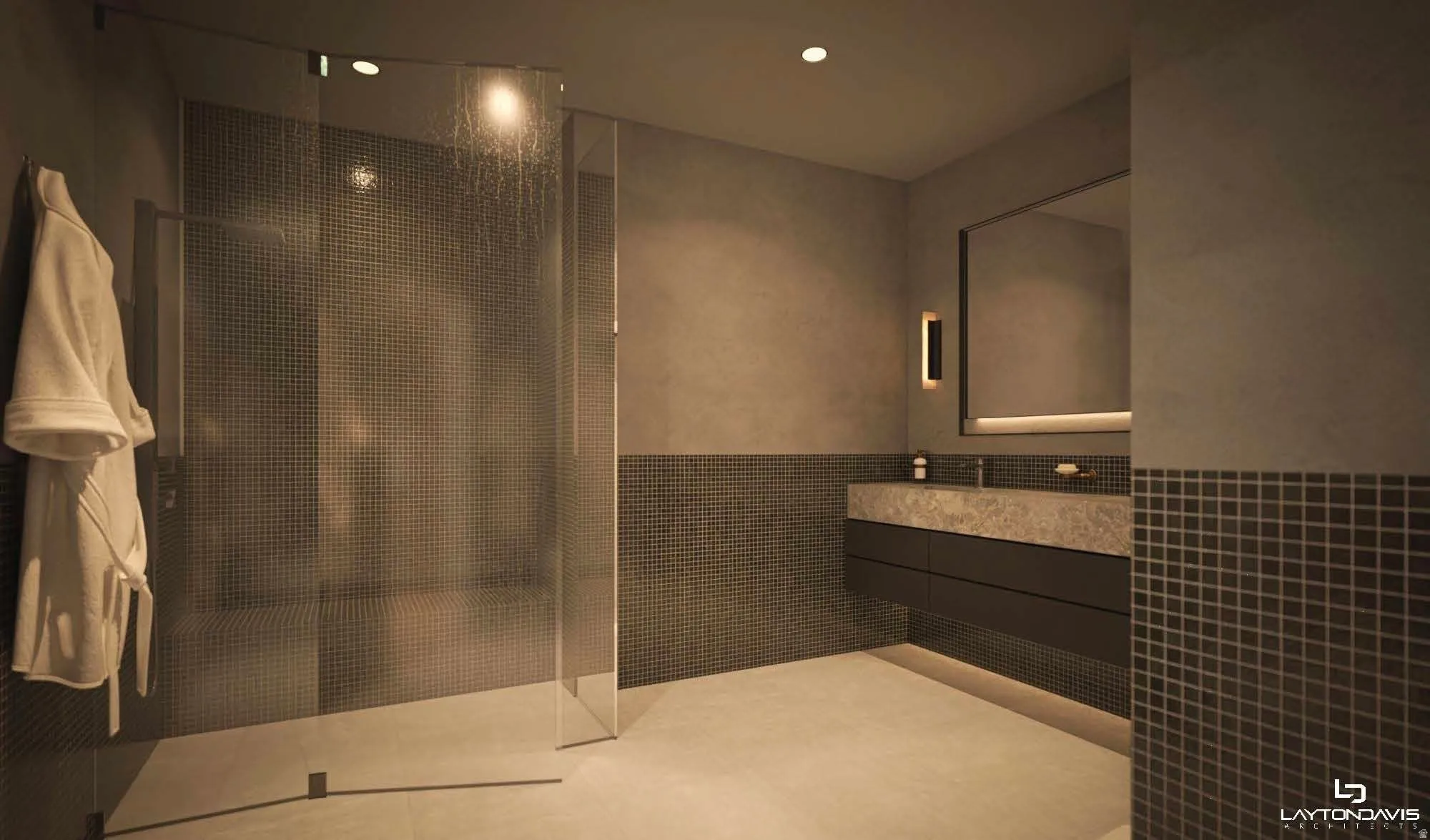 Walk-in shower with glass enclosure and mosaic tile accents