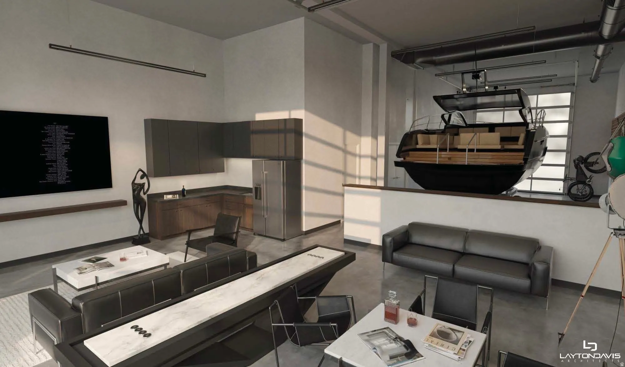 Open-concept living space featuring high ceilings and exposed ductwork
