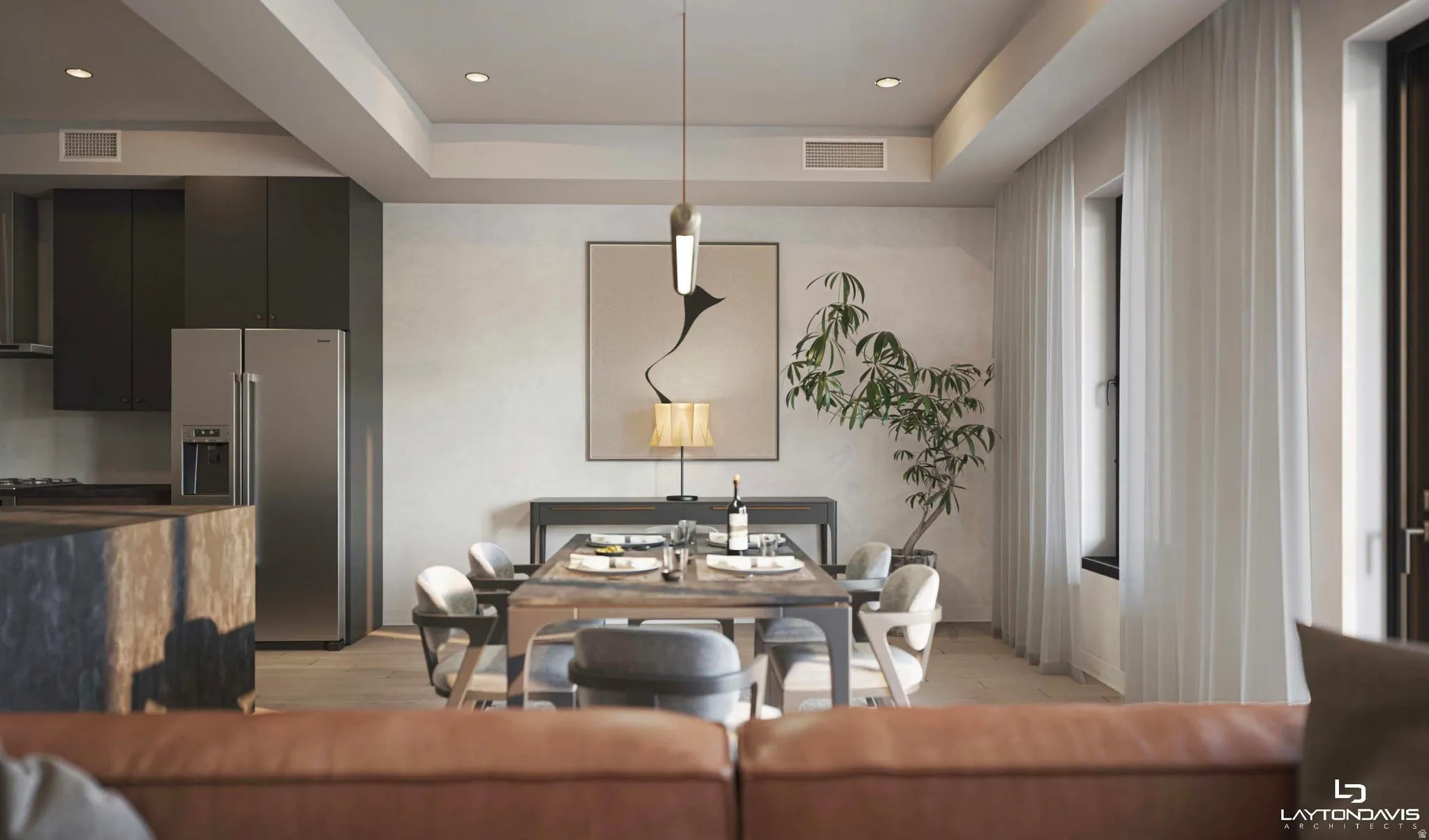 Open-concept living space featuring an integrated dining area with a contemporary chandelier, recessed lighting, and wood-finish flooring