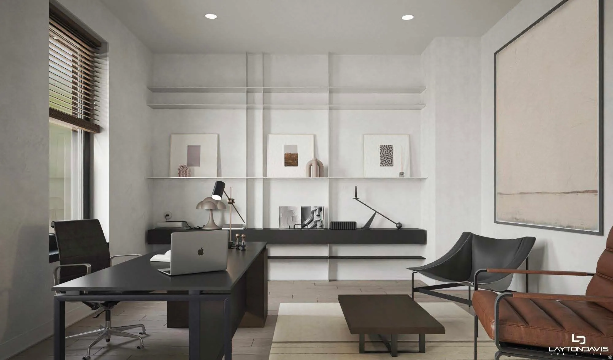 Dedicated office space featuring recessed lighting, a large window with horizontal blinds, and light wood-finish flooring