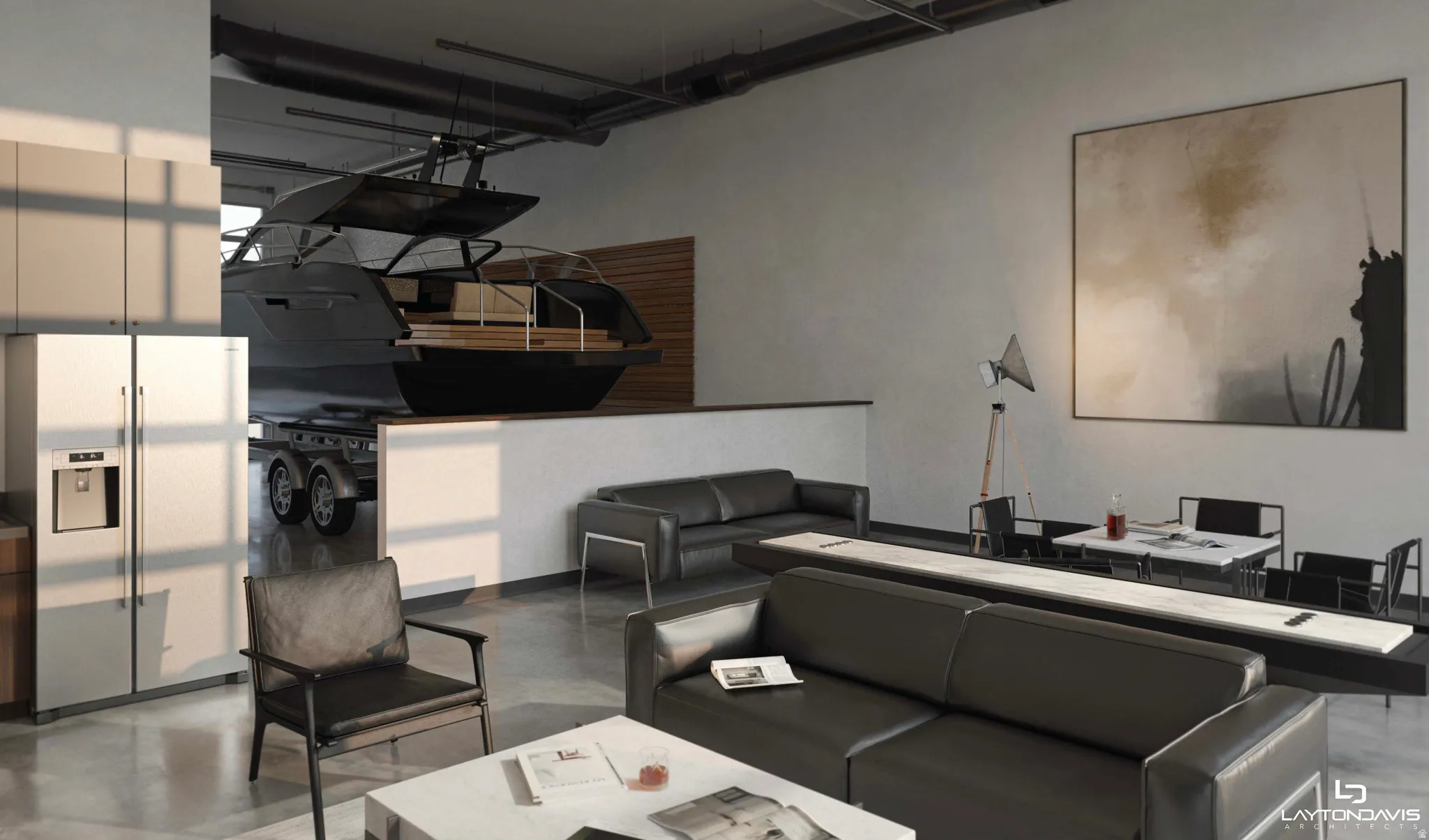 Spacious open-concept living area featuring polished concrete flooring and industrial-style exposed ductwork