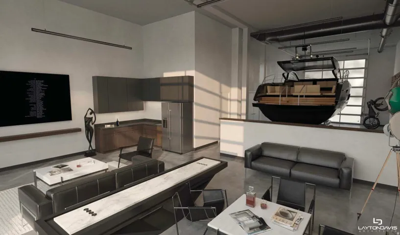 Open-concept living space featuring high ceilings and exposed ductwork