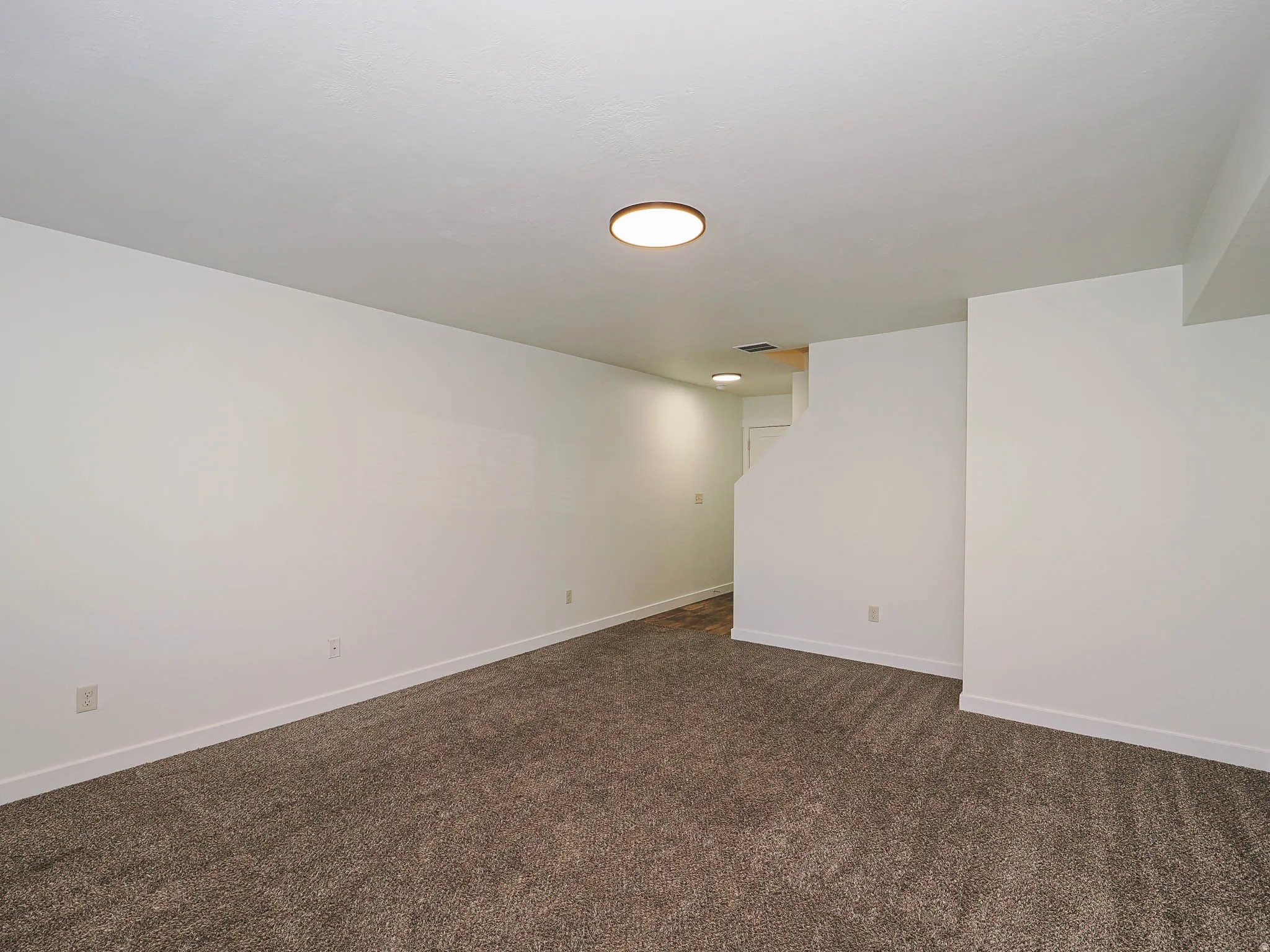 Spacious room featuring neutral carpeting, white walls, and a contemporary flush-mount ceiling light