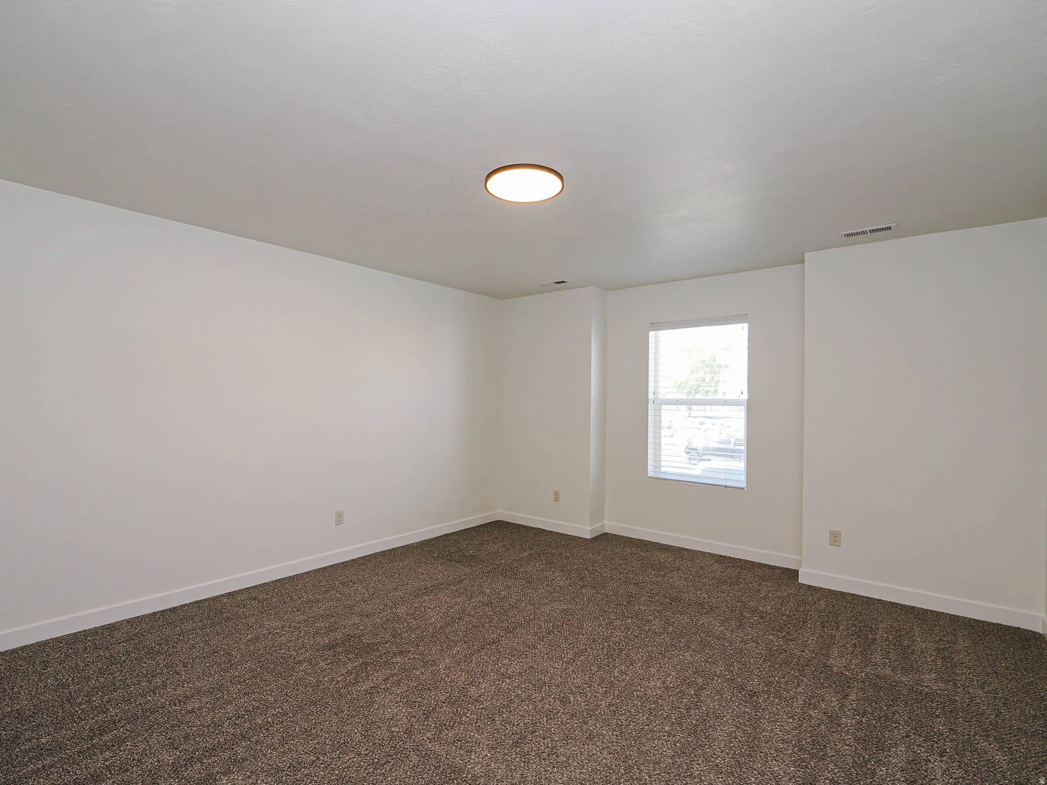 Spacious room featuring neutral carpeting, white walls, a single window with blinds, a ceiling-mounted light fixture, and white baseboards