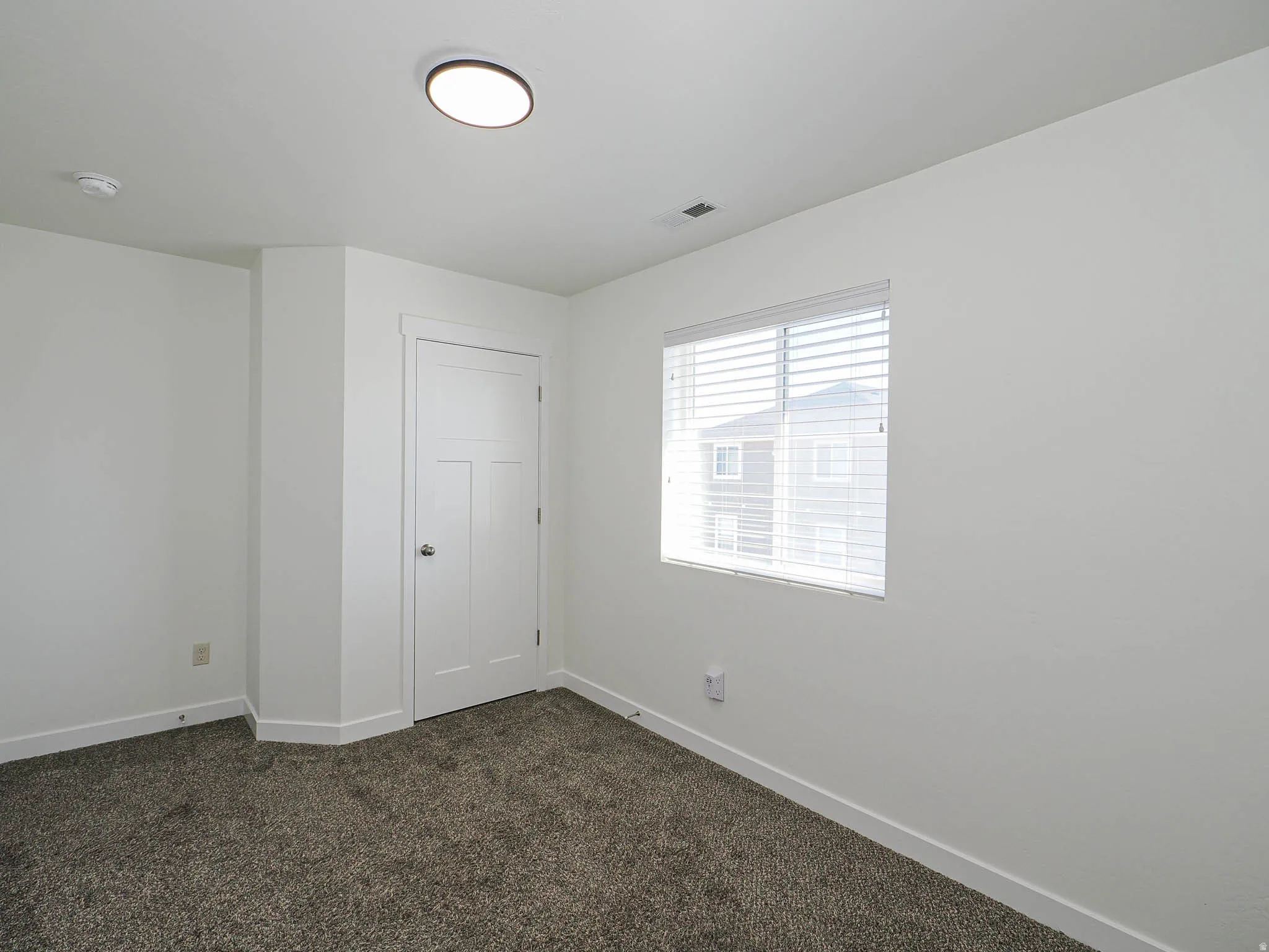 Neutral wall color, textured carpet flooring, white trim, and a contemporary flush-mount ceiling light