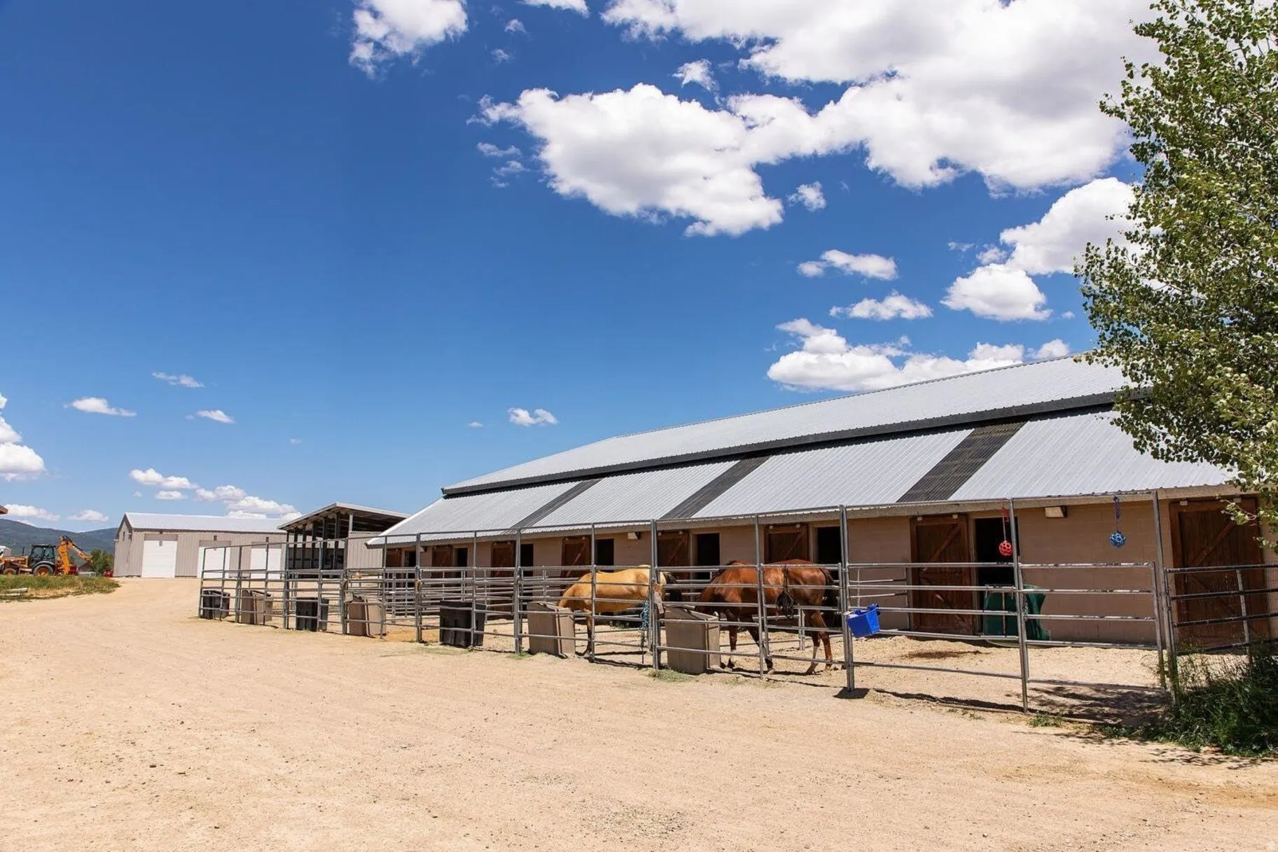 Equestrian facility featuring multiple stalls with metal fencing, covered overhangs, and a metal roof
