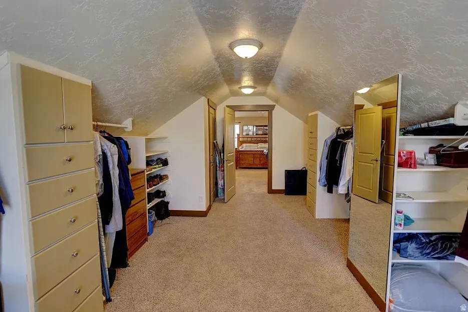 Walk-in closet with beige carpeting, built-in storage solutions, recessed lighting, and a full-length mirrored door