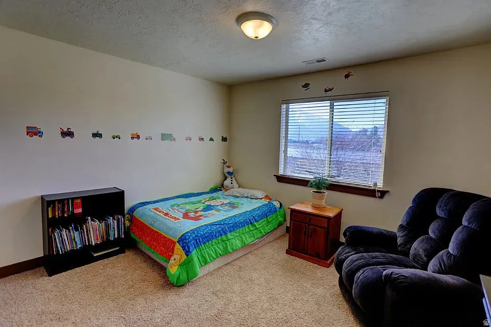 Room featuring a window with horizontal blinds, neutral wall paint, and textured carpeting