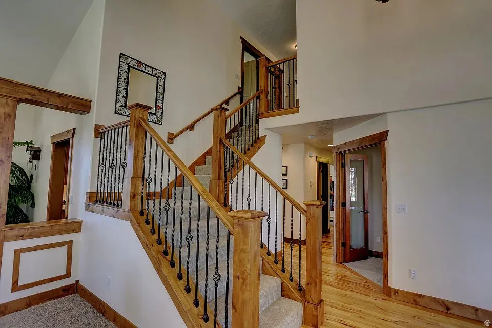 Grand entryway featuring a two-story ceiling, natural wood trim, a carpeted staircase with wrought iron balusters, hardwood flooring, and a glass-paneled door