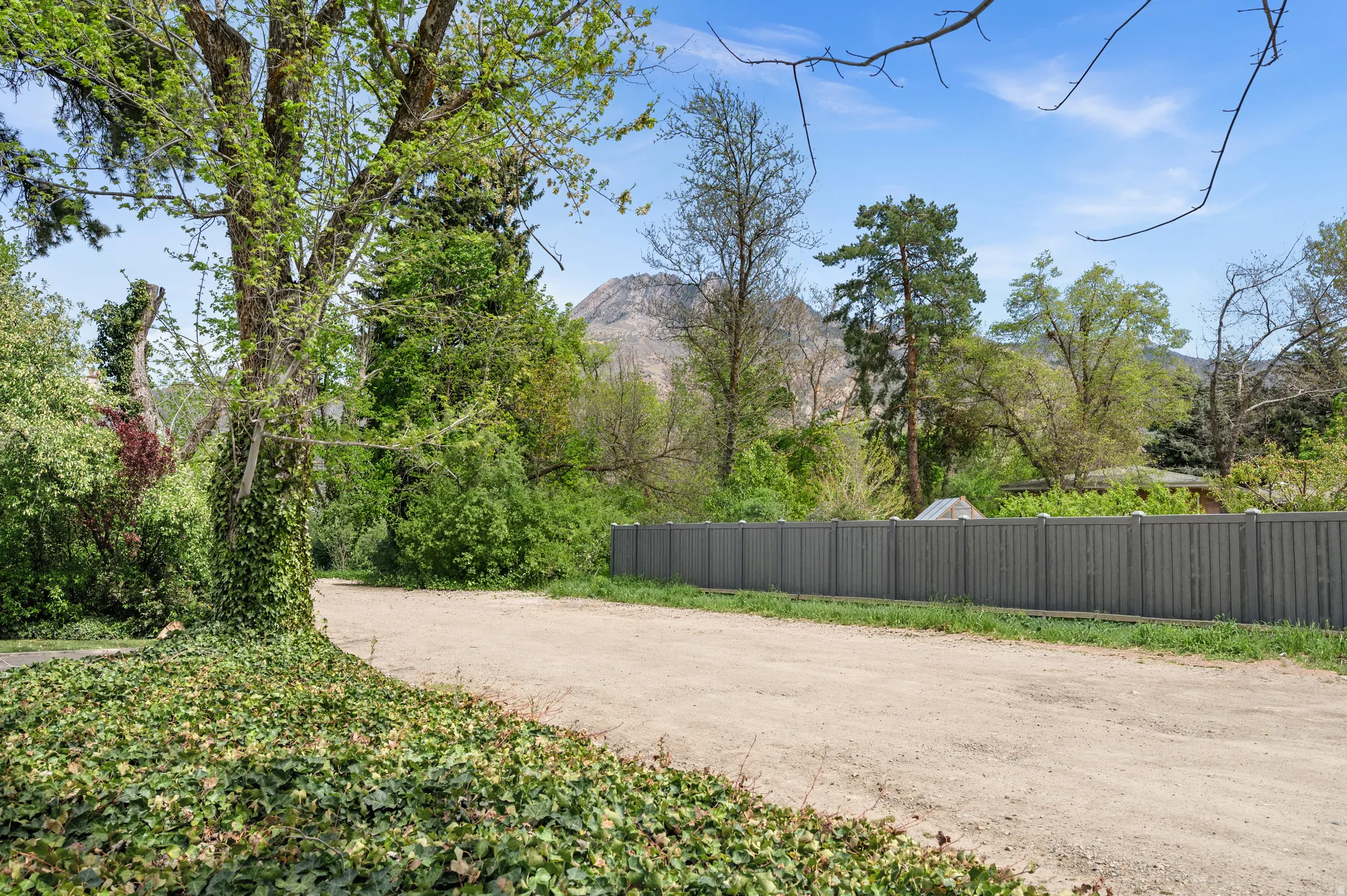 Spacious gravel area bordered by a tall fence and mature trees