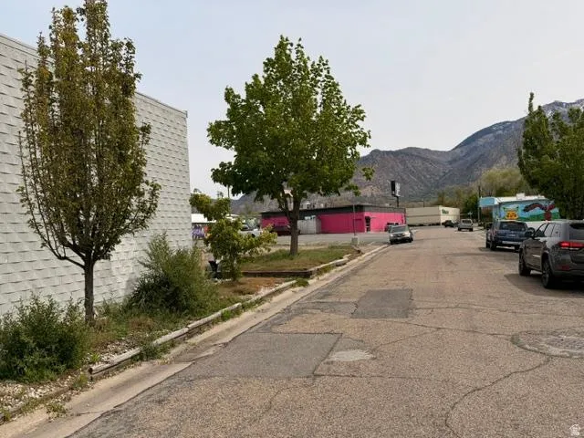 Street view featuring a paved roadway with curb, mature trees, and mountainous terrain in the background