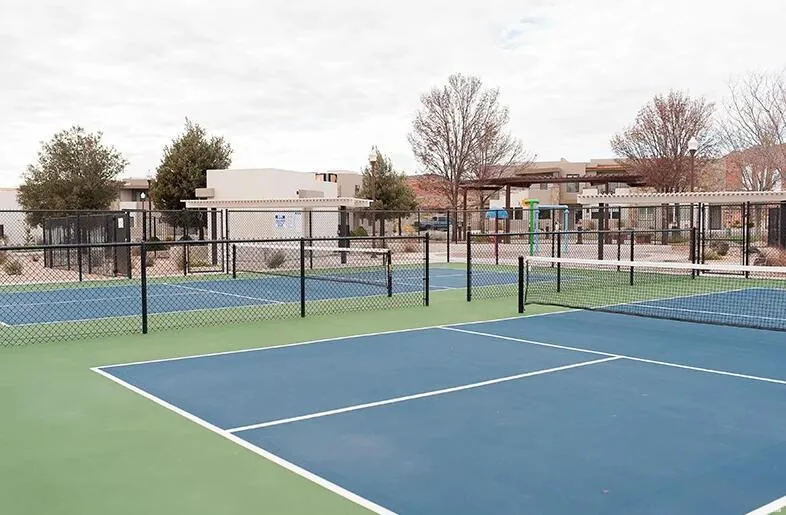 Dedicated pickleball courts featuring blue playing surfaces, green out-of-bounds areas, and white line markings