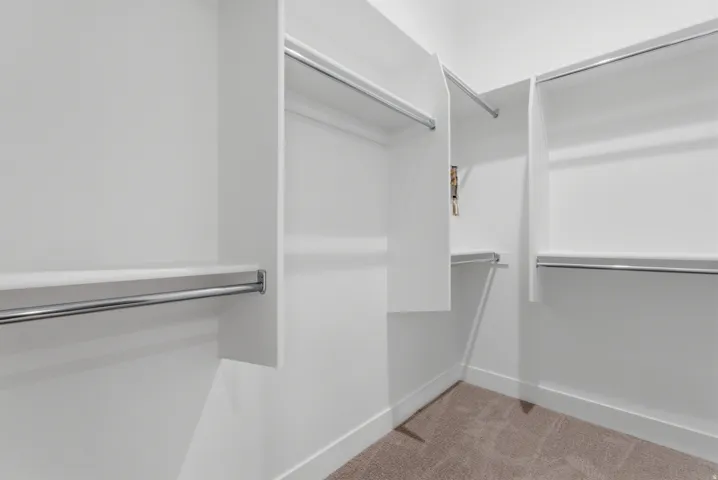 Walk-in closet featuring white built-in shelving, chrome hanging rods, and neutral-toned carpeting