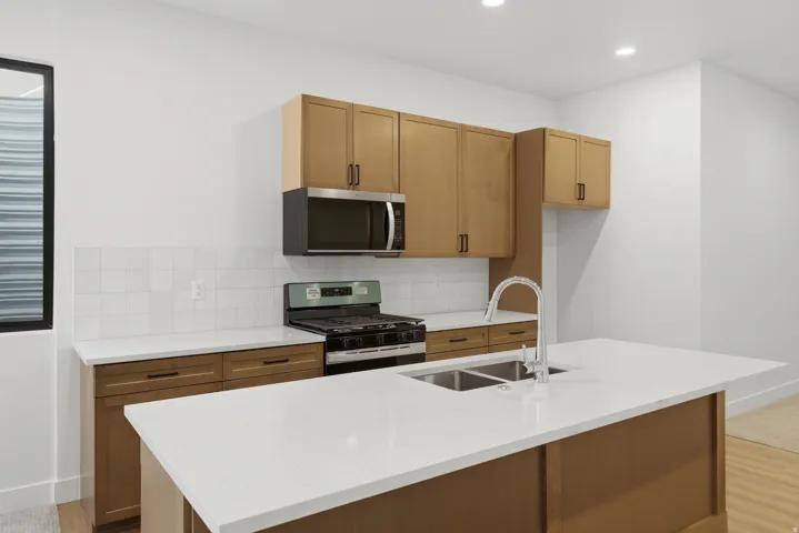 Kitchen featuring a large island with a double basin sink and gooseneck faucet