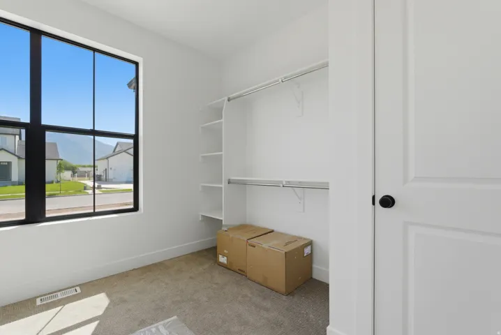 Room featuring a large black-framed window, white walls, and neutral carpeting