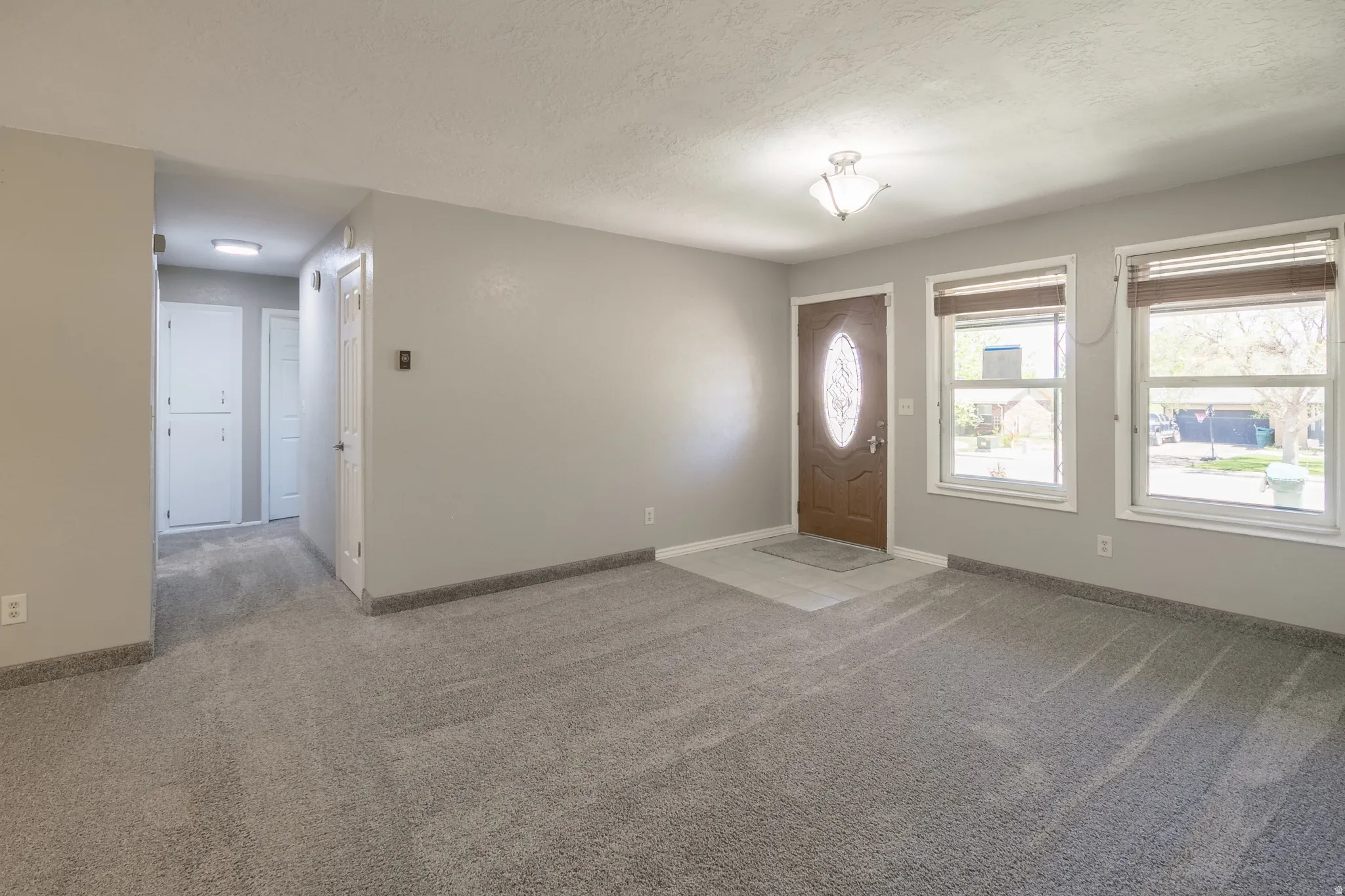 Grey carpeting throughout the main room and hallway