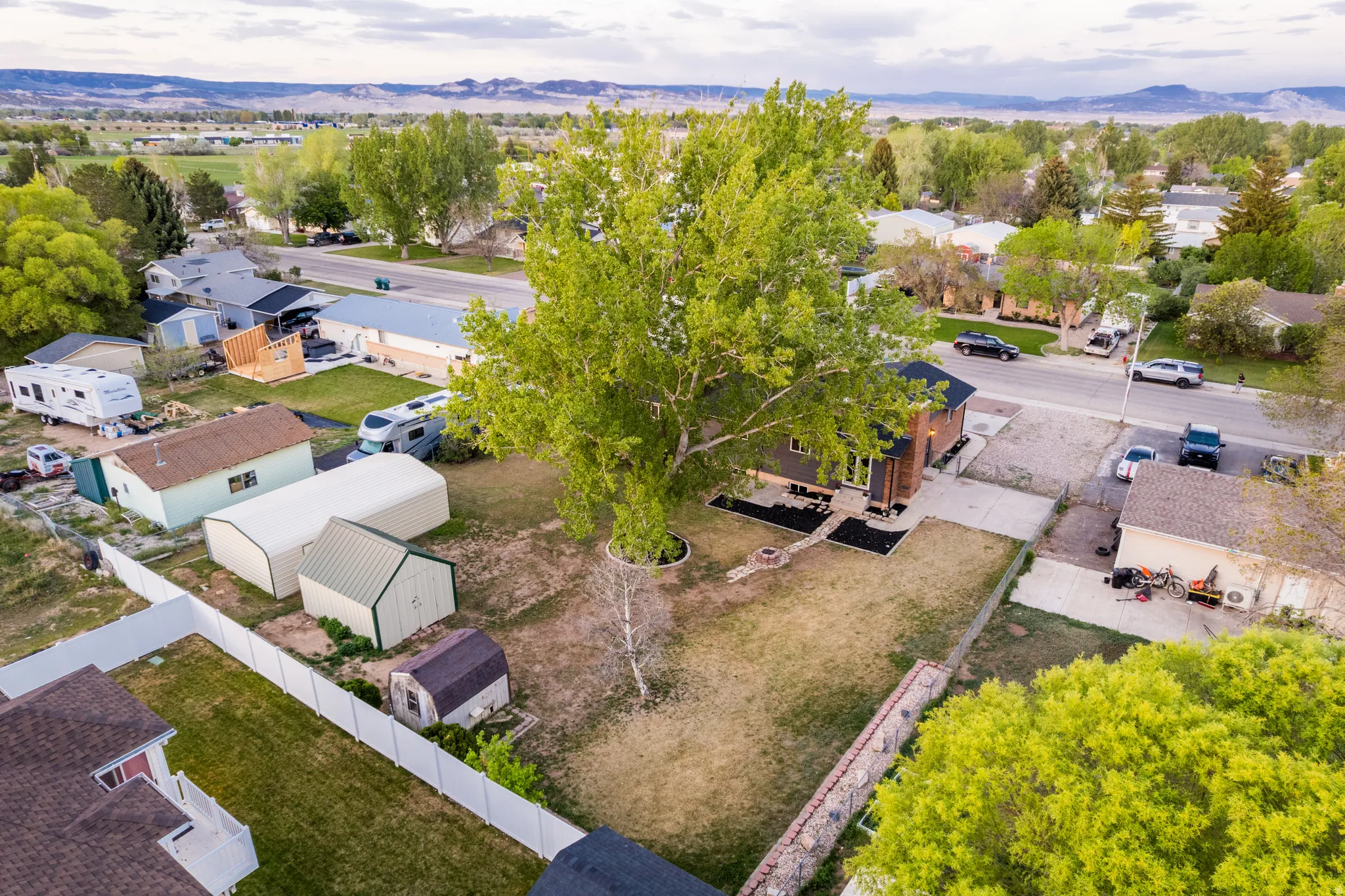 Expansive property featuring a large mature tree, a gravel driveway, and a fenced backyard